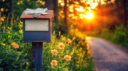 Rustic mailbox sunset rural road flowers