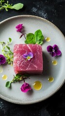 Delicate bluefin tuna tartare crowned with hibiscus air and garnished with edible flowers on a porcelain plate