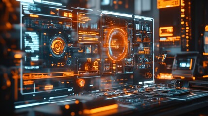 Obraz premium Futuristic server room displays data processing, glowing interfaces
