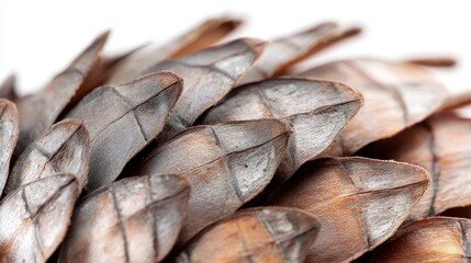 Close-up pine cone scales, winter texture, nature detail, white background, holiday decor