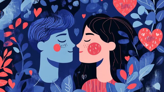 Charming Cartoon Illustration of Two Glamorous Women Sharing a Kiss at a Party