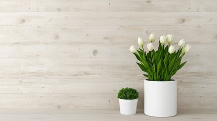 White tulips and plant on wood background