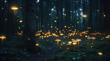 Obraz premium Glowing Mushrooms Illuminate A Dark Forest Path