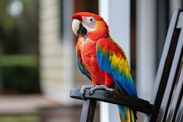 Colorful parrot perched on wooden chair in outdoor setting during daylight hours