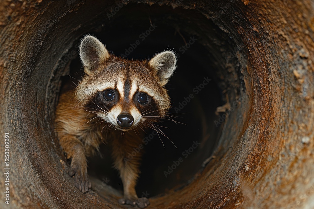 Aufkleber raccoon emerging from a dark tunnel in a wooded area during twilight hours