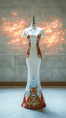 Elegant dress featuring bold tiger motif, perfect for Lunar New Year celebrations. design combines tradition with modern flair, showcasing vibrant