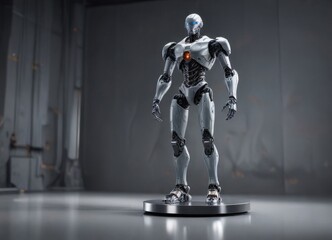 Futuristic robot stands on sleek metallic pedestal , technology, steel, high-tech