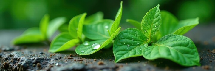 Fototapeta premium Green Brahmi leaves with dew drops on a natural stone surface, droplets, moisture, botanical