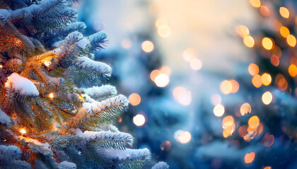 blurred christmas winter background of xmas tree with snow decorated with garland lights holiday festive background
