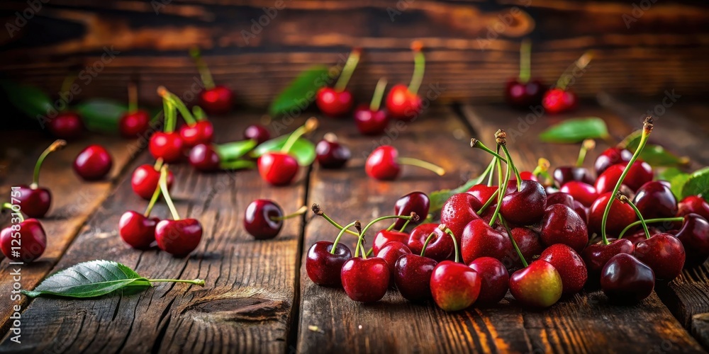 Aufkleber a bountiful cluster of ripe cherries rests on a rustic wooden surface, surrounded by additional cher