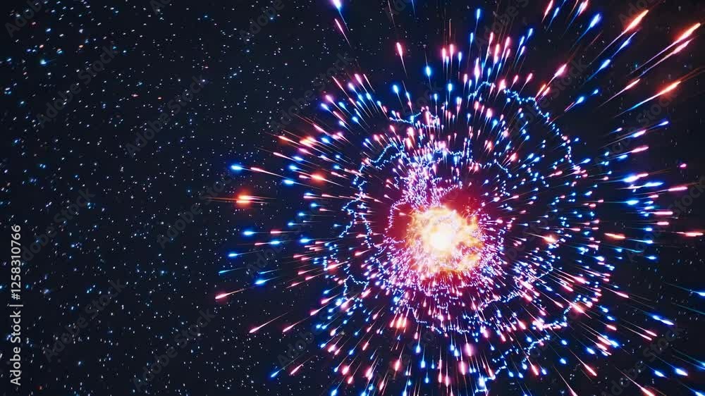 Poster journey through a vibrant cosmic explosion set against a backdrop of twinkling stars