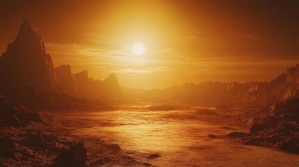 Alien Planet Sunset Rocky landscape, hazy river, fiery sun, otherworldly scene, concept art