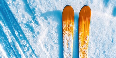 Pair of skis with orange tips are on the snow