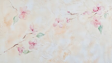 Soft watercolor painting of delicate cherry blossom branches on a textured background