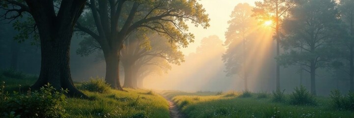 Obraz premium Gentle fog caresses a quiet forest scene in morning light, foggy, peaceful
