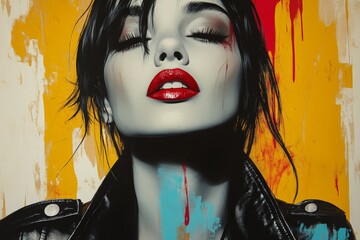 Artistic portrait of a confident woman with bold red lips against a vibrant background