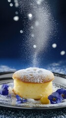 Miniature yuzu souffl presented elegantly on a silver-rimmed plate with delicate garnishes and sak foam