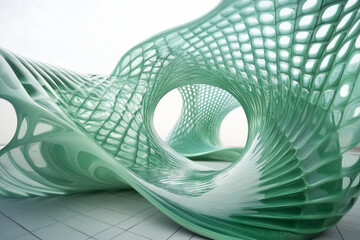 curved crystalline structure in light green, refracting light as it twists and turns, creating a fluid sense of movement in space.