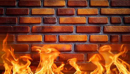 flames rising against a textured brick wall with vibrant orange and yellow colours generative ai