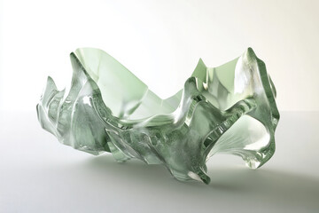 curved crystalline structure in light green, refracting light as it twists and turns, creating a fluid sense of movement in space.