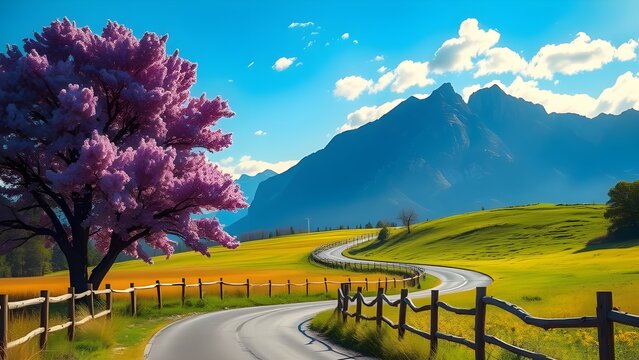 A breathtaking landscape featuring a majestic tree with vibrant purple blossoms standing beside a winding road. The road is lined with a rustic wooden fence, curving gently through lush green hills...