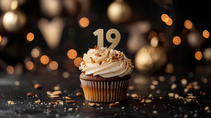 19th birthday celebration card design with festive cupcake and glittering decor elements