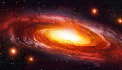  galaxy with stars flashes of light nebulae forming an abstract cosmic history of gradient colour in yellow red and red tones