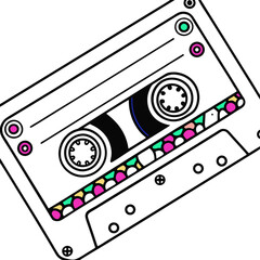 A vibrant, colorful patterned retro cassette tape, close-up shot showcasing intricate design details.  The colors are bold and saturated.