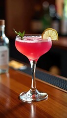 Pink cocktail glass on a wooden bar table with bottles, wooden bar, decoration, countertop