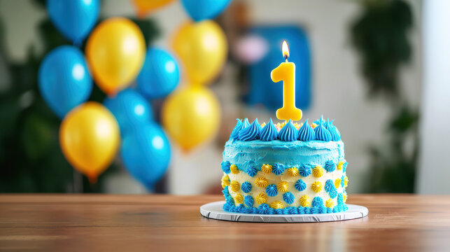 First birthday celebration cake with blue and yellow decoration and copy space