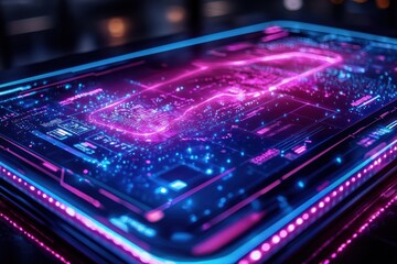 Futuristic car design, digital display, neon lights, city background, tech innovation