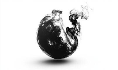Black ink swirling sphere, abstract art, white background, design element