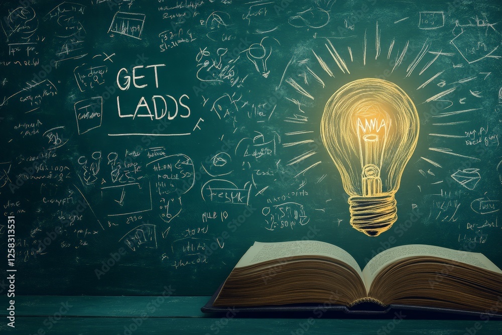 Poster creative ideas illuminate the pages of a book with a glowing light bulb on a chalkboard background
