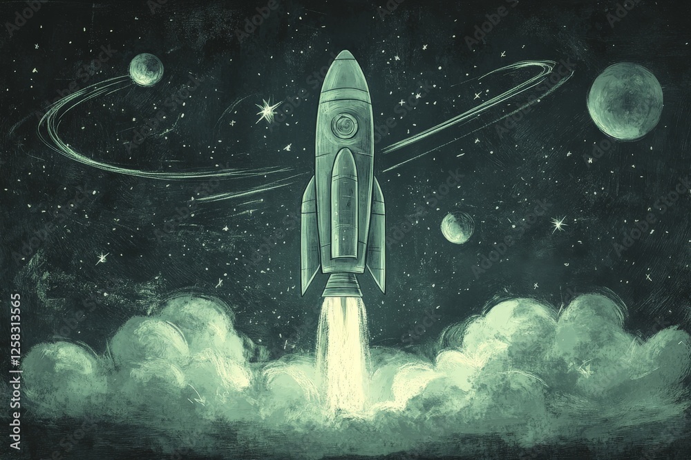 Poster rocket launching into space with planets and stars in the background during a dark night