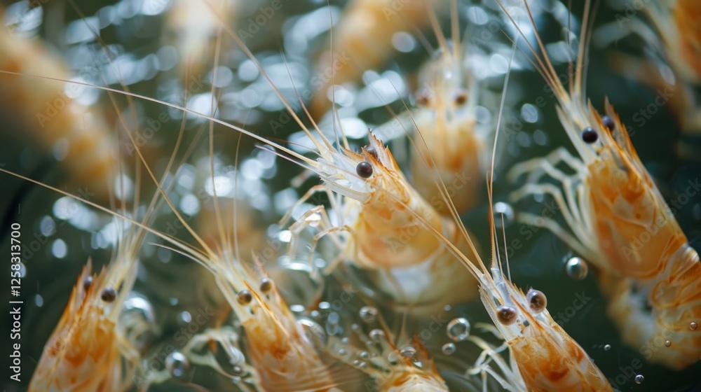 Poster numerous small shrimp can be seen gracefully moving through clear water, capturing sunlight as they 
