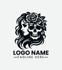 Woman and Skull Logo Design, Dark Beauty Logo, Gothic Woman, Femme Fatale, Skull Girl