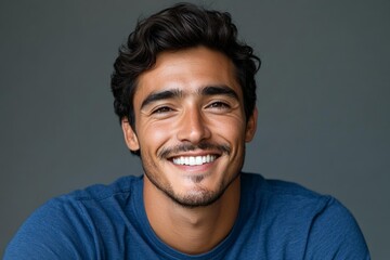 Fototapeta premium Smiling young man in casual blue shirt, showcasing happiness and confidence in a soft-lit setting indoors