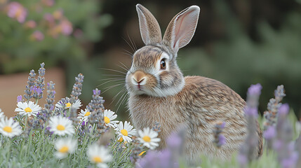 Fototapeta premium Adorable brown rabbit nestled amongst vibrant lavender and daisies. Closeup shot showcasing soft fur and curious expression. Perfect for springtime, nature, pet, or Easter themes.