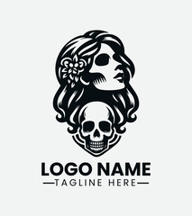 Woman and Skull Logo Design, Dark Beauty Logo, Gothic Woman, Femme Fatale, Skull Girl