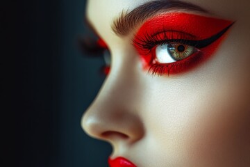 Naklejka premium Eye makeup transformation with bold red accents and dramatic eyeliner showcased in portrait format