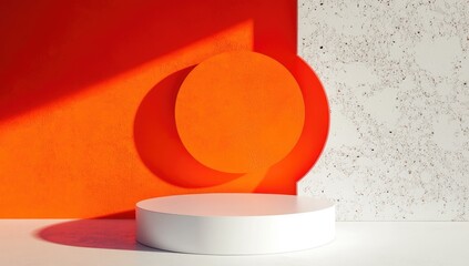 3D white cylindrical podium on an orange background, a minimal concept, studio lighting, high-resolution photography.