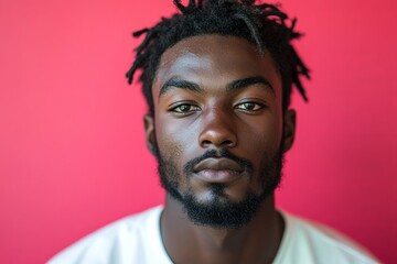 Obraz premium Portrait of a young man with textured hair against a vibrant pink backdrop during a sunny day