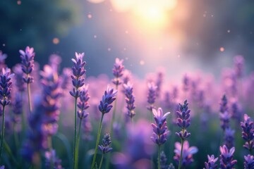 Naklejka premium Soft lavender mist amidst delicate light dance, mystical atmosphere, gentle haze, subtle particles