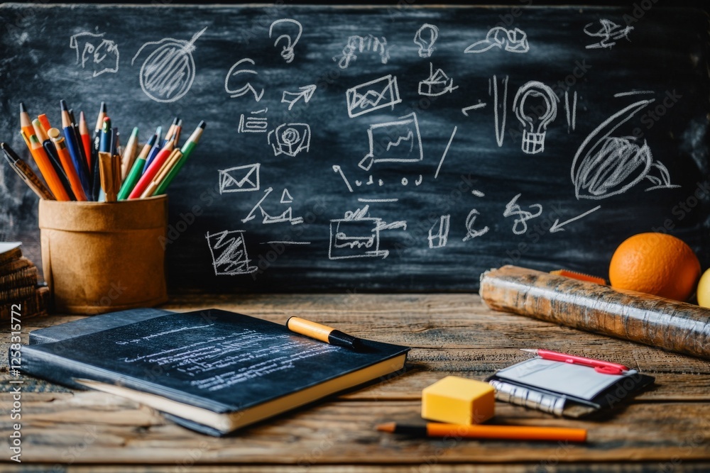 Aufkleber creative workspace with stationery and sketches on chalkboard in a cozy setting