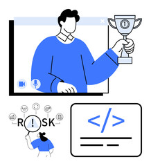 Man holding trophy on video call, magnifying glass analyzing risks, coding snippet. Ideal for teamwork, success, risk management, coding, technology remote work digital innovation. Abstract line