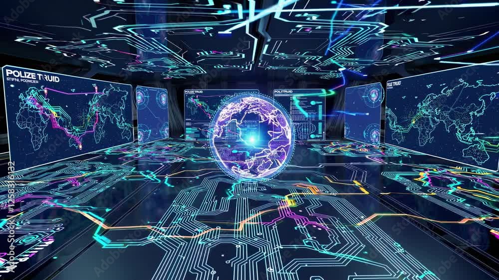 Poster exploring a futuristic virtual environment with global maps and digital interfaces