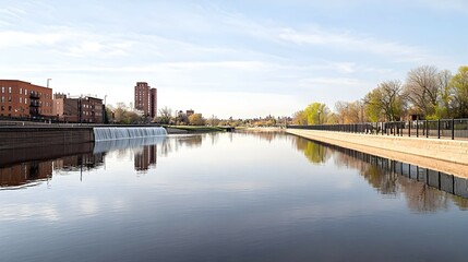 Fototapeta premium Urban River Scene With Reflections