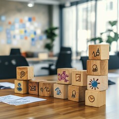 A dynamic HR training moment captured in a modern boardroom, with wooden cubes spelling 'GROWTH,' and icons for brainstorm, coaching, and learning