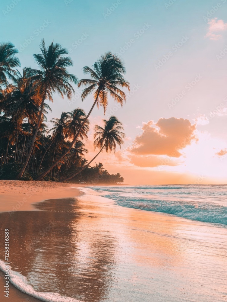 Poster golden sunset reflecting on sandy beach with palm trees lining the shore. generative ai
