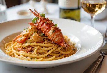 A plate of spaghetti with lobster and cheese on top, served with a glass of white wine in a fancy restaurant setting